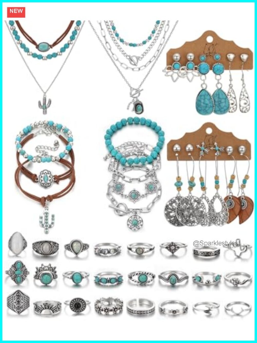 Bohemian Turquoise Jewelry Set Necklace Earrings Bracelets Rings